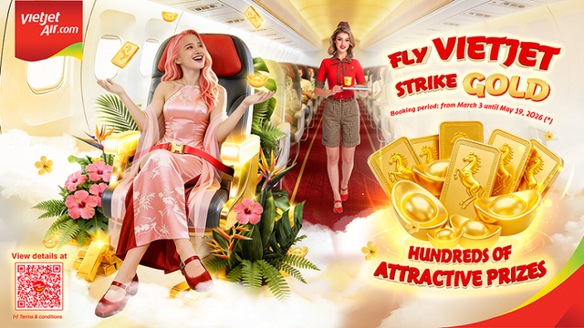 អ្នកធ្វើដំណើរពីប្រទេសកម្ពុជាដែលធ្វើដំណើរជាមួយ Vietjet មានឱកាសឈ្នះរង្វាន់មាស និងទទួលបានការបញ្ចុះតម្លៃសំបុត្ររហូតដល់ 83%