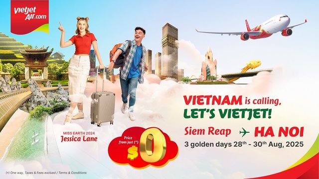 ប្រូម៉ូសិនបញ្ចុះតម្លៃសំបុត្ររយៈពេល ៣ ថ្ងៃពី Vietjet ៖  ធ្វើដំណើរពីសៀមរាបទៅហាណូយជាមួយតម្លៃសំបុត្រចាប់ពី ០ ដុល្លារ