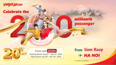 Vietjet អបអរអ្នកដំណើរ 200 លាននាក់ ជាមួយនឹងការបញ្ចុះតម្លៃសំបុត្រ 20% រយៈពេលមួយខែសម្រាប់ផ្លូវហោះហើរទាំងអស់ ដែលការផ្តល់ជូនដ៏អស្ចារ្យនេះ សម្រាប់អ្នកធ្វើដំណើរពីប្រទេសកម្ពុជាទៅកាន់ប្រទេសវៀតណាម និងគោលដៅជាច្រើនផ្សេងទៀត