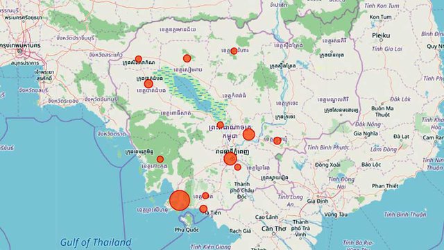 Screenshot រូបភាពផែនទី​របស់​គេហ​ទំព័រ ប្រព័ន្ធ​តាមដាន​ករណី​ឆ្លង​វីរុស​កូវីដ១៩ នៅ​កម្ពុជា។