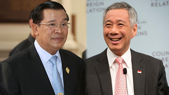 នាយក​រដ្ឋមន្ត្រី​កម្ពុជា សម្ដេចតេជោ ហ៊ុន សែន (រូបខាងឆ្វេង) និង​ នាយក​រដ្ឋមន្ត្រី​សិង្ហ​បុរី​ លោក លី ស៊ានឡុង។