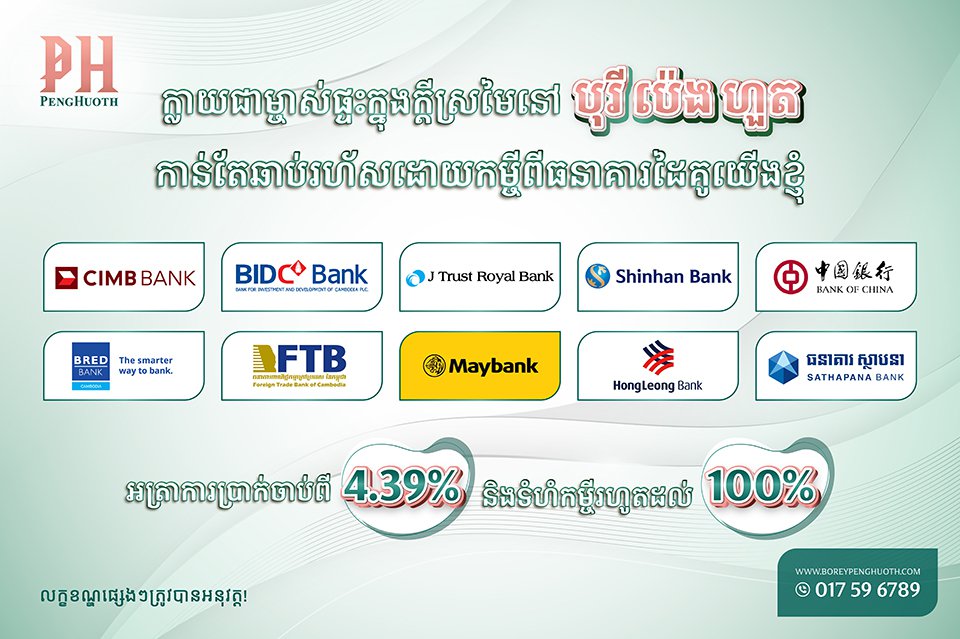 បុរី​មួយ​នេះ​សហការ​ជាមួយ​ធនាគារដៃគូ​ដល់​ទៅ​១០ ដើម្បី​ផ្ដល់​កម្ចី​ទិញ​ផ្ទះ​ក្នុងអត្រា​ការប្រាក់​ទាបបំផុត