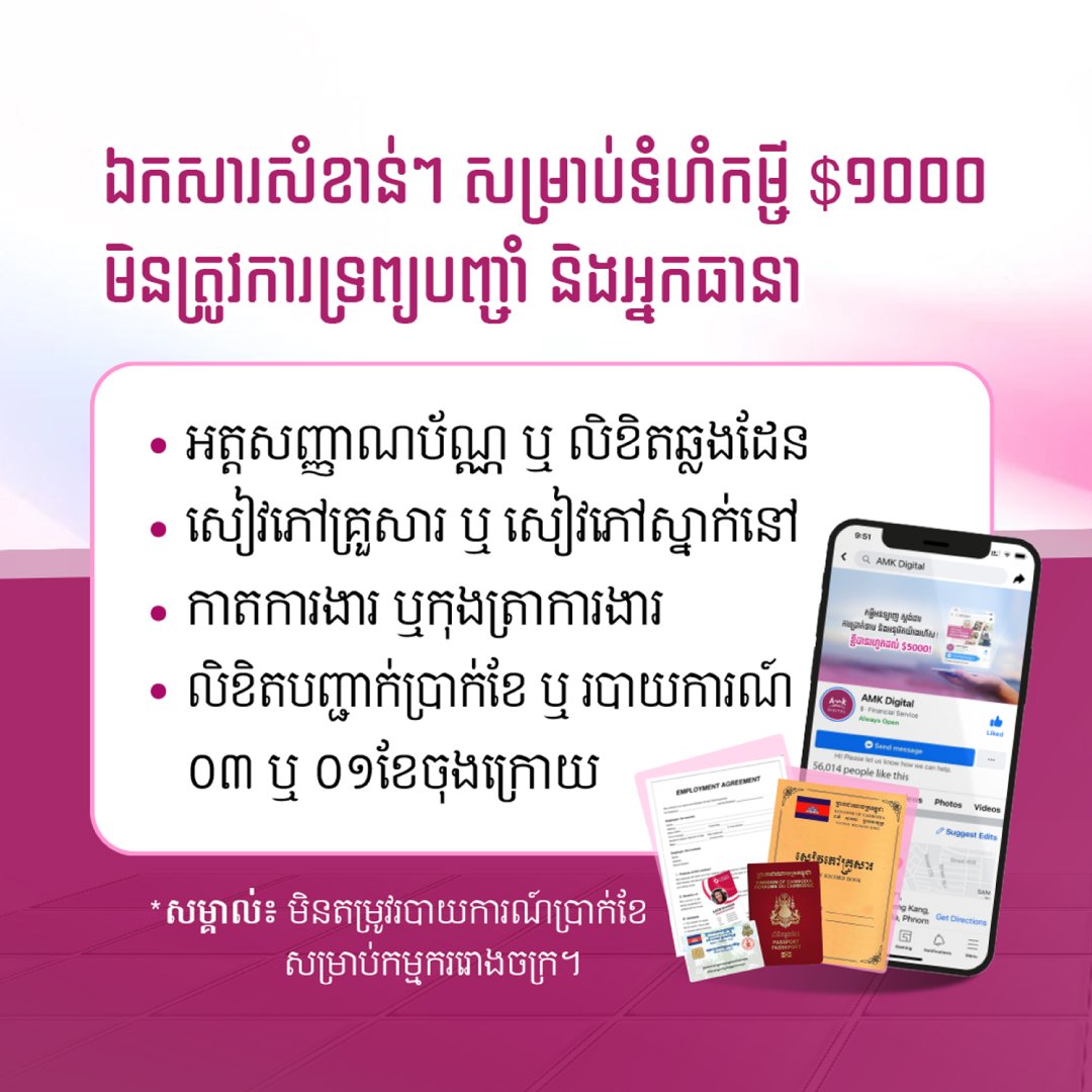 កម្ចីអនឡាញ អតិថិជនអាចស្នើសុំកម្ចីភ្លាមៗ បានរហូតដល់ ៥,០០០ដុល្លារ ហើយត្រឹម ១,០០០ ដុល្លារ គឺមិនត្រូវការទ្រព្យបញ្ចាំ និងអ្នកធានាឡើយ